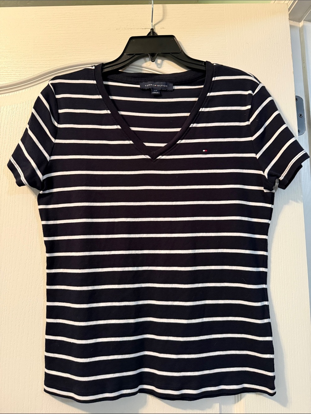 Tommy Hilfiger Navy & White Striped V-Neck Tee